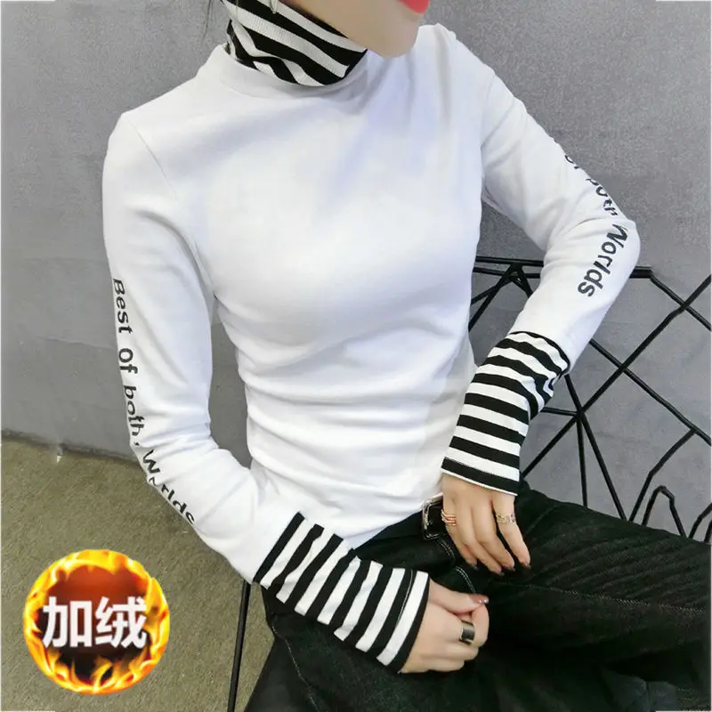 European Fashion Patchwork Striped Thick Broshed Tshirt Autumn Winter Long Sleeve Top Clothes Camiseta Mujer Shirt B1252