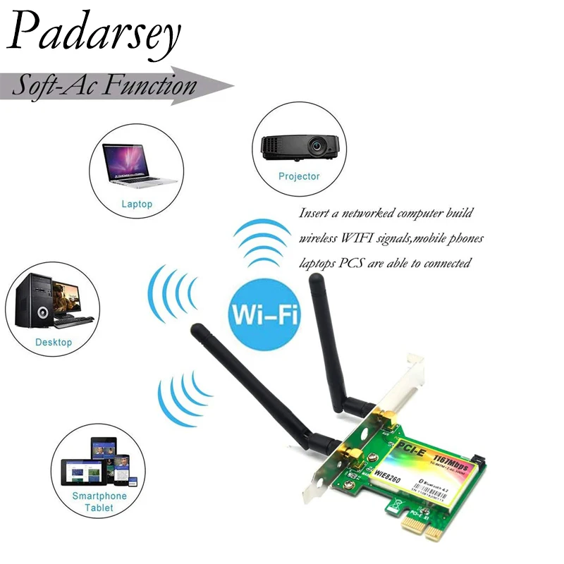 Padarsey Bluetooth WiFi Card AC 1200Mbps 8260 Wireless WiFi PCIe Network Adapter Card 5GHz/2.4G Dual Band PCI Express Network