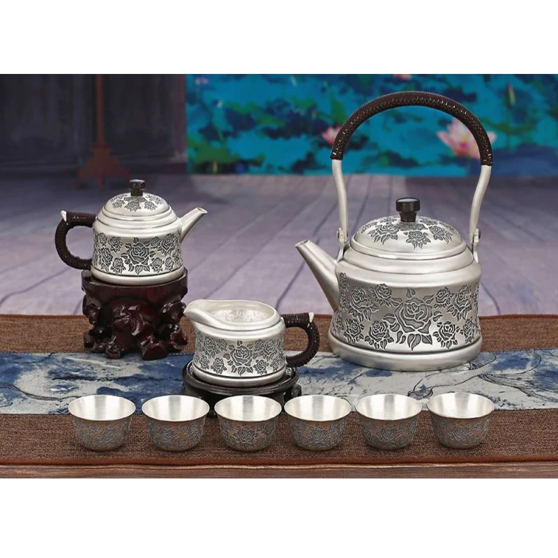 Silver pot 999 sterling silver handmade tea set Japanese retro teapot kettle home tea ceremony Kungfu tea set 800ml