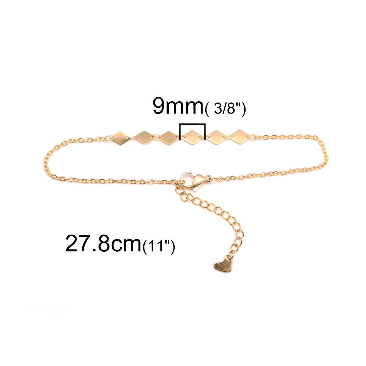 304 Stainless Steel Anklet Gold Color Rhombus 23cm(9