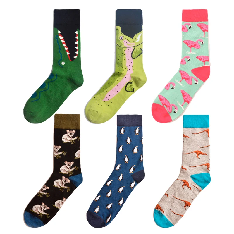 Funky Crazy Men Cotton Happy Socks Koala Flamingo Kangaroo Crocodile Salmon Harajuku Dress Brand Designer Novelty Gift Hip Hop