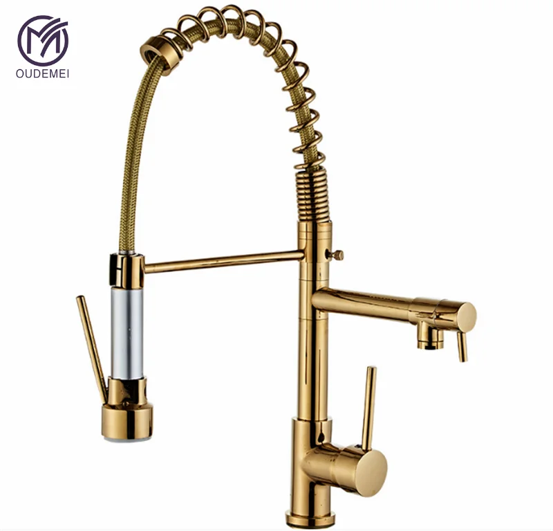 

Brass Gold Deck Mounted Dual Handle Hot and Cold Sink Tap Kitchen Mixer Pull Out Spray Kitchen Faucet