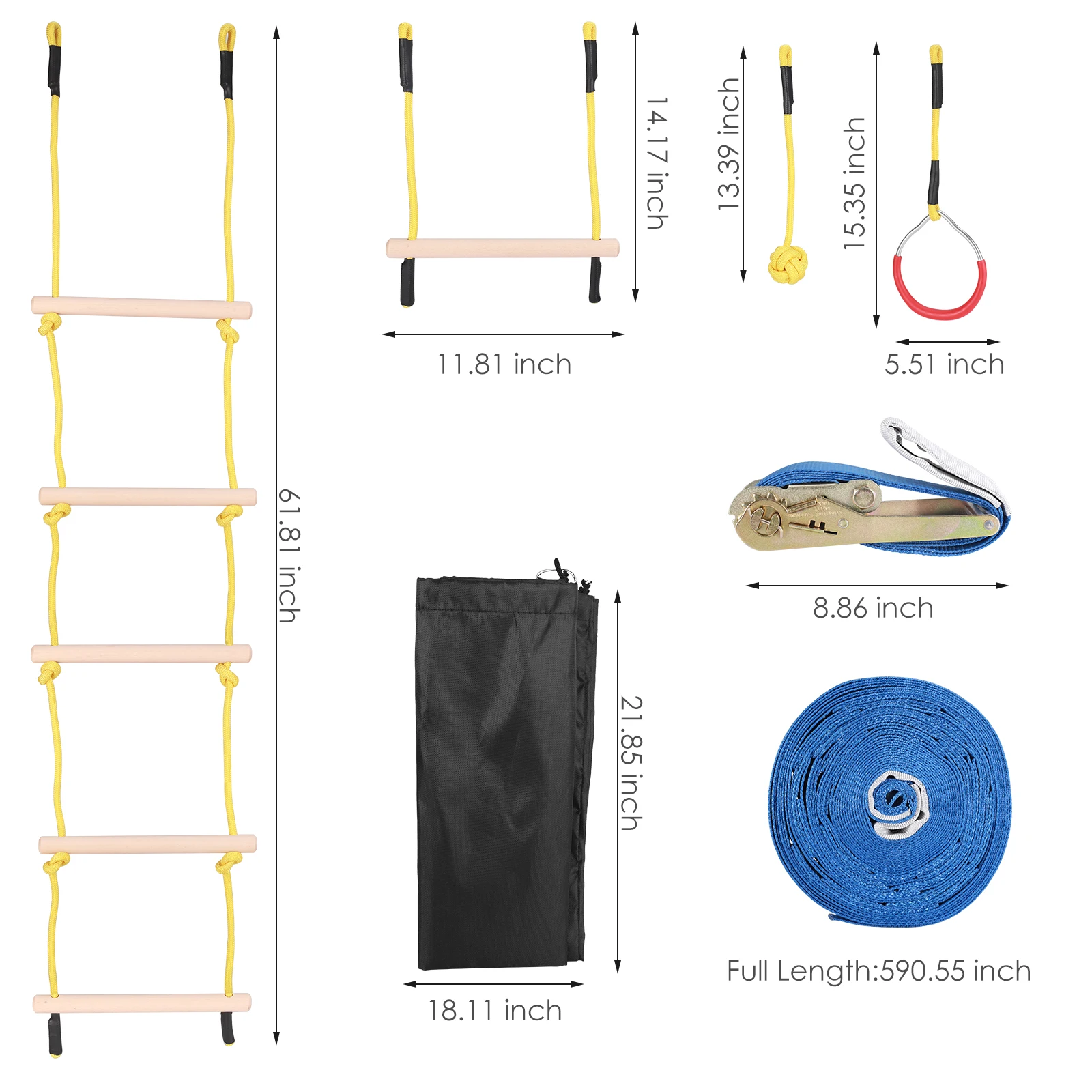 EU UK Stock 50FT Ninja Warrior Obstacle Course Training Equipment for Adult Kids Climbing Rope Ladder,Rope Ball & Hanging Stick