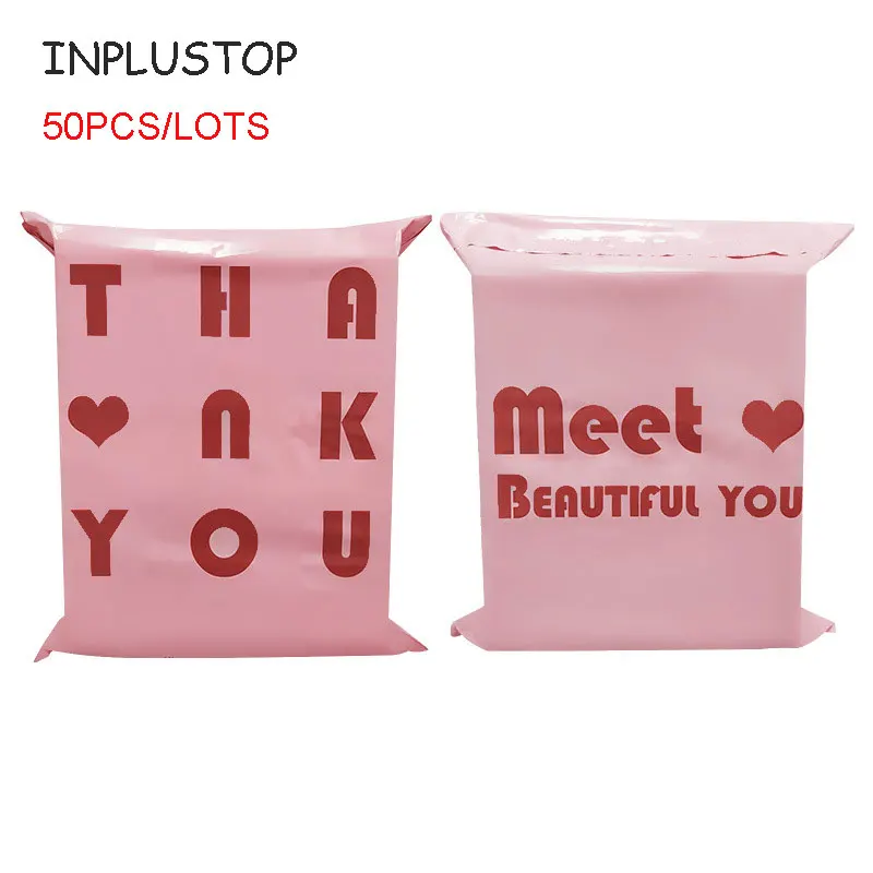 Inplostop – sacs de courrier roses, 50 pièces/lot, épais, merci, sacs d'expédition en plastique, enveloppes auto-scellées, pochette d'expédition de vêtements