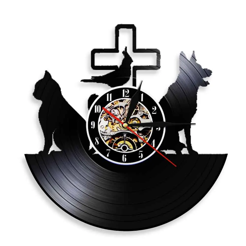 Pet Clinic Vinyl Record Wall Clock Cat And Dog Animal Hospital Wall Clock Wall Watch Wall Decor Kitty Doggy Veterinarian Gift