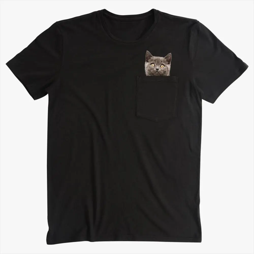 Camiseta de algodón a la moda, nueva camiseta con estampado 3D de gato y dedo medio con bolsillo, camisetas negras de Hip Hop, camisetas divertidas