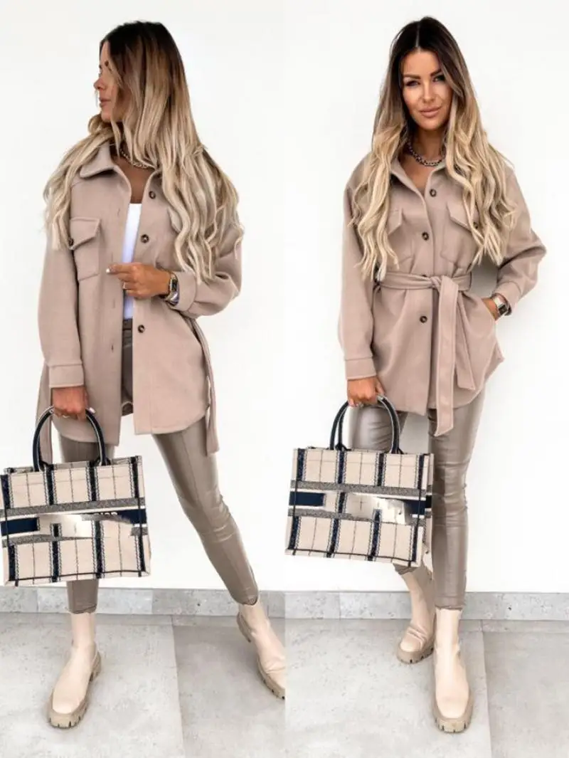 AYES frauen Kleidung Herbst Winter Frauen Mantel Einreiher Jacke Kordelzug Lose Tasche Feste Beiläufige Pendler Damen Mantel