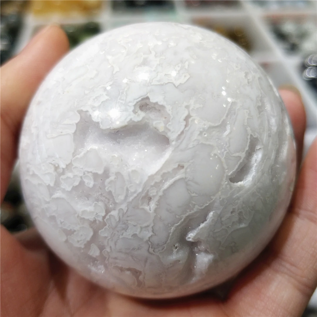 

Natural White Agate Crystal Quartz Druse Ball Expensive Stone Sphere Reiki Chakras Home Office Accessories Aesthetic Room Decor