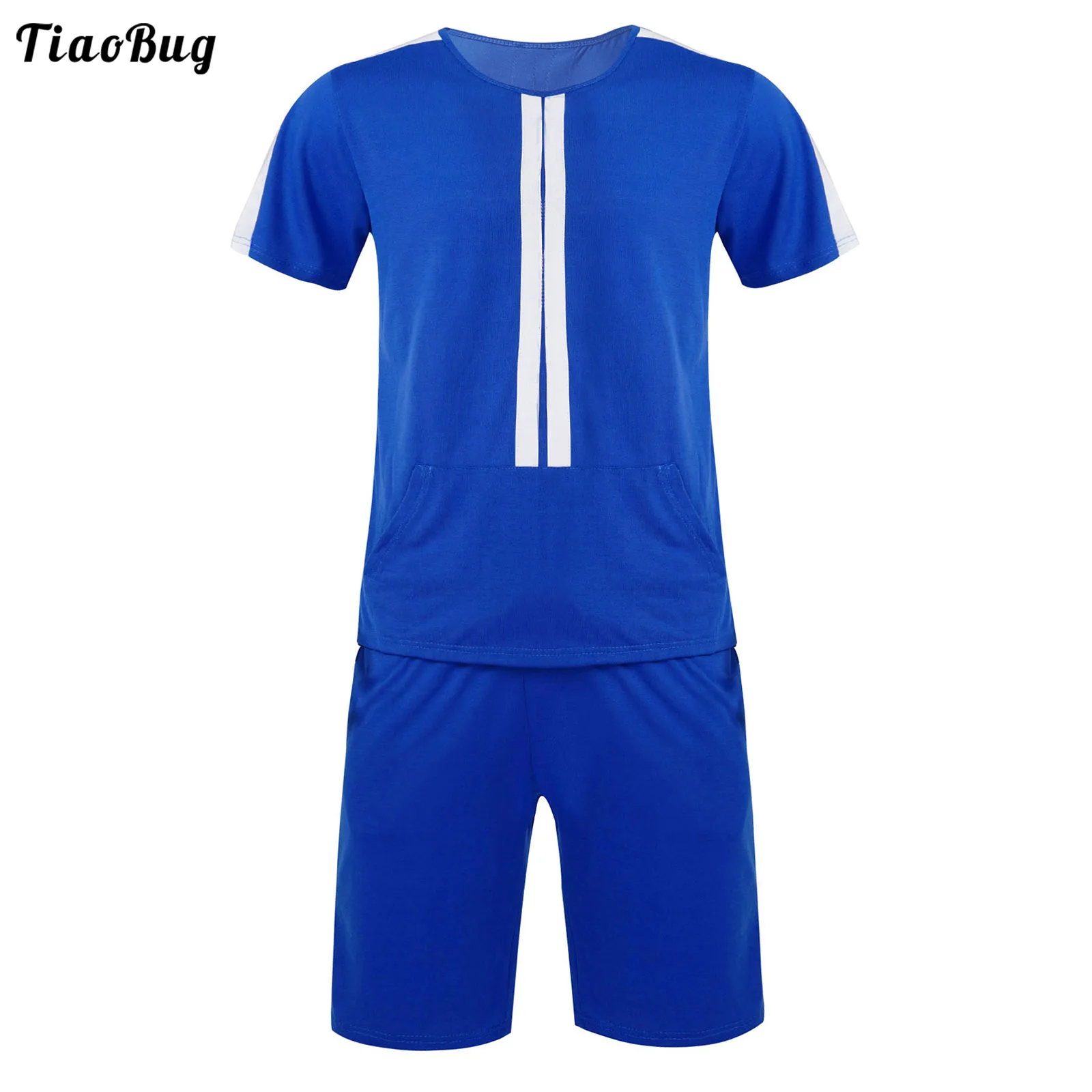 

TiaoBug Men Summer 2Pcs Striped Sportswear Casual Football Gym Outfit Round Neck Short Sleeve T-Shirt With Drawstring Shorts Set