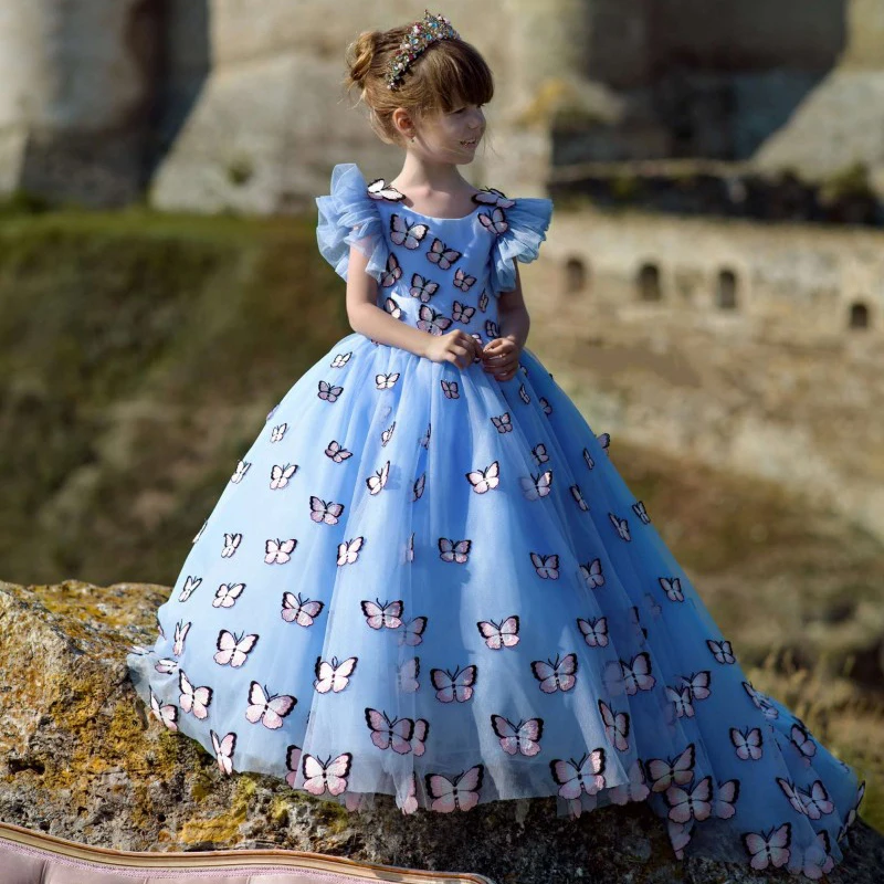 Vestidos De tul De encaje con volantes De mosca De mantequilla para niña, vestidos De princesa, vestido De comunión para desfile De cumpleaños, fiesta De bebé, recién llegado