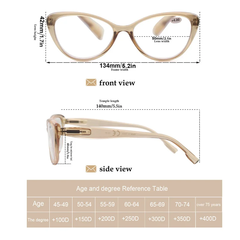 Women Reading Glasses Classic Oval Cat Eye Frame Female Readers Eyeglasses Comfortable Spring Hinge for Female with Diopter