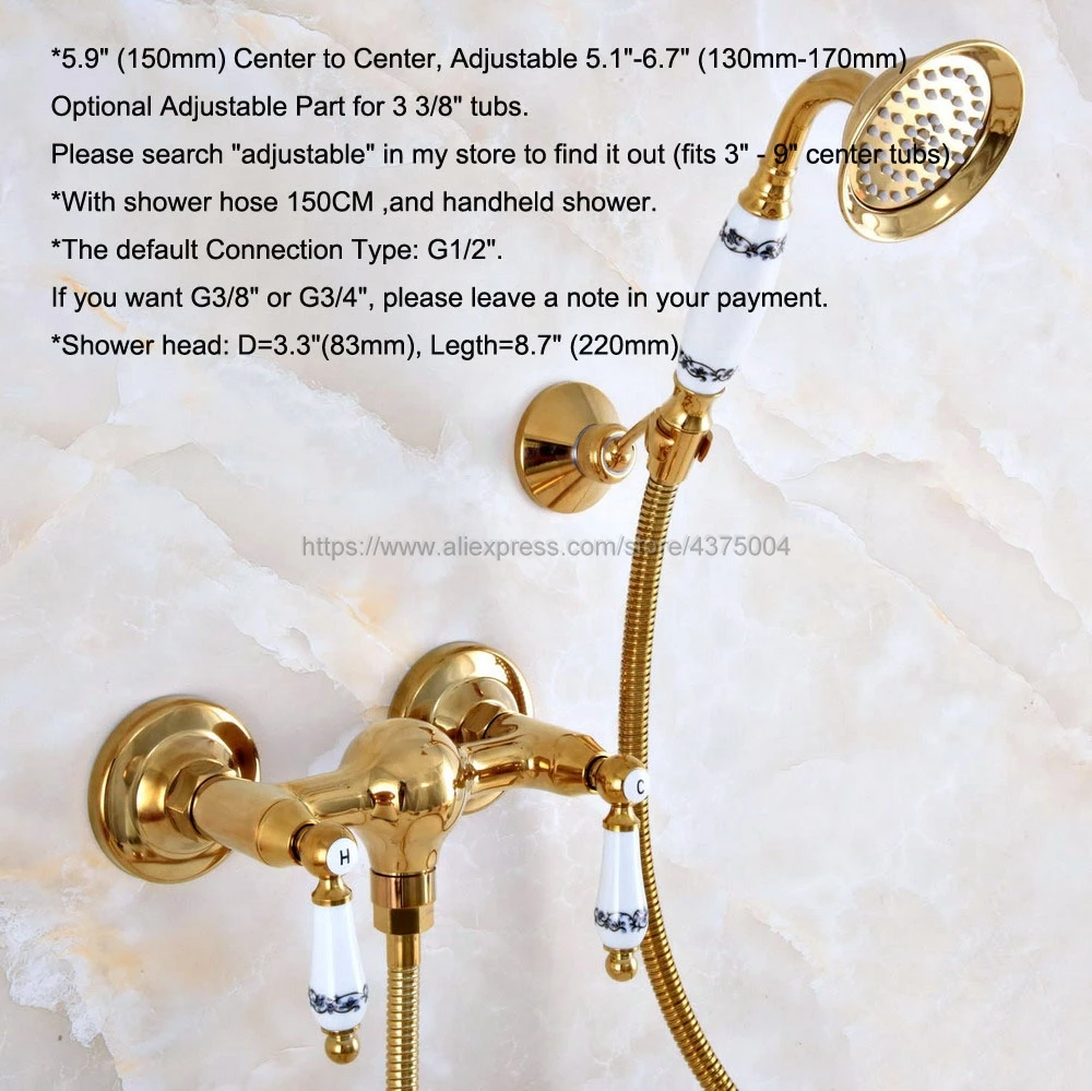 Imagem -02 - Ouro de Bronze Fixado na Parede do Banheiro Bacia Mixer Torneira com Chuveiro de Mão Cabeça & Torneira do Chuveiro Nna982 Cor do