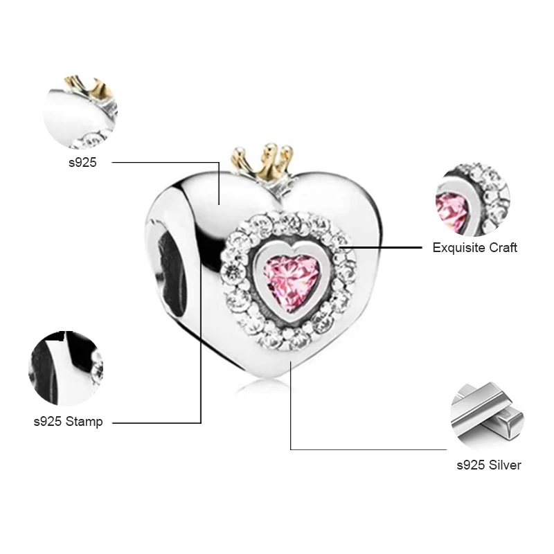 

925 Silver Sterling Beads Princess Heart Charms Fits Original Bracelets Bangles Necklaces Women Jewelry Gifts