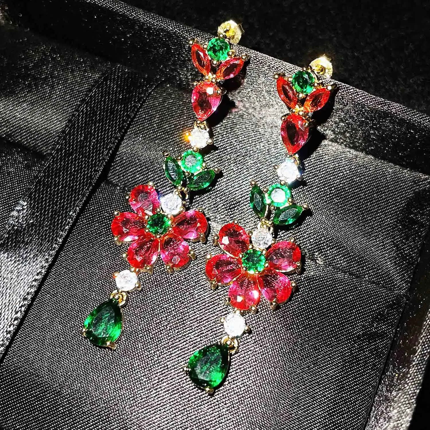 Silver inlaid red and green multicolor crystal flower earrings elegant luxury and exquisite brand jewelry for women