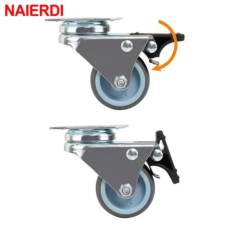 NAIERDI 4PCS 2 inch Trolley Casters Heavy Duty Swivel Soft Rubber Roller Wheels with Brake for Platform Furniture Wheels