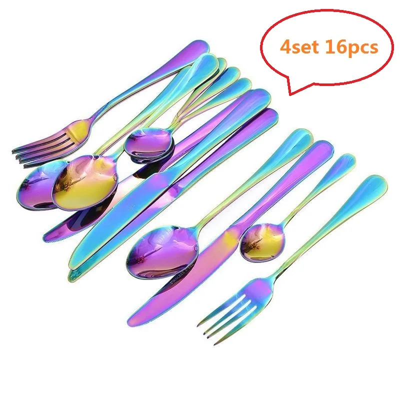 

16pcs 4 Set Rainbow Cutlery Colorful Tableware set Stainless Steel Kitchen Flatware Dinner Knife Table Fork Spoon Teaspoon