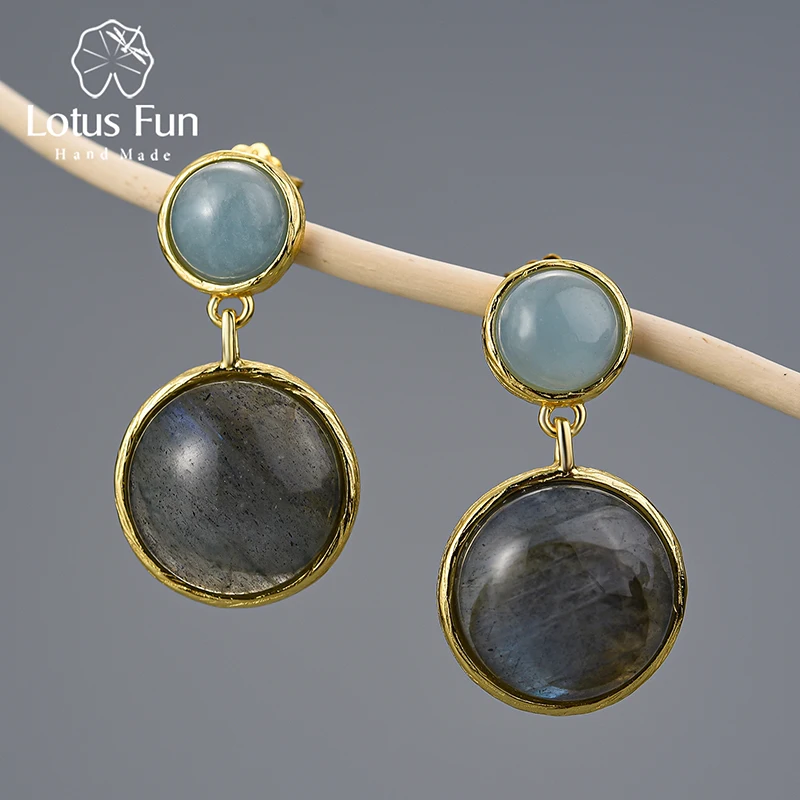 

Lotus Fun Real 925 Sterling Silver Natural Labradorite Stone Fine Jewelry Mysterious Lake Round Dangle Earrings for Women Gift