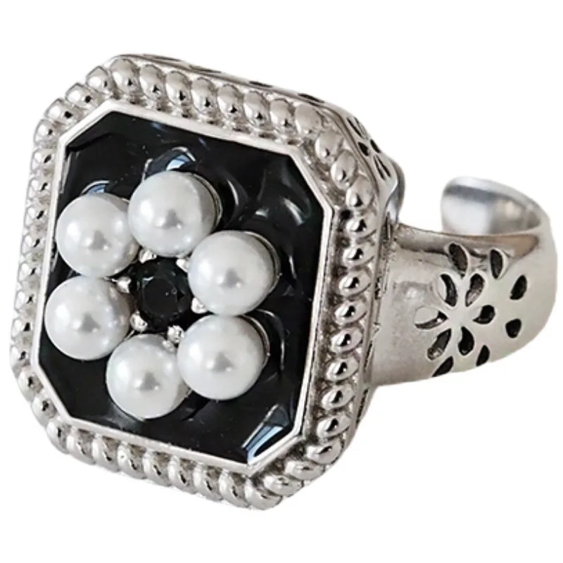 S925 Sterling Silver Rings for Women Fashion Simplicity Geometry Pearl Flower Adjustable Opening Rings Jewelry Wholesale