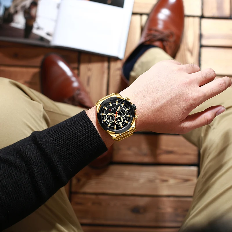 CURREN – montres pour hommes, grande marque, montre de Sport de luxe pour hommes, montres militaires en acier à Quartz, chronographe or Design