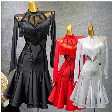 Vestido de baile latino para mujer, Flecos, borlas, Flamenco, Rumba/Tango/Salsa, Vestido Latino competitivo, Negro, Rojo, nuevo