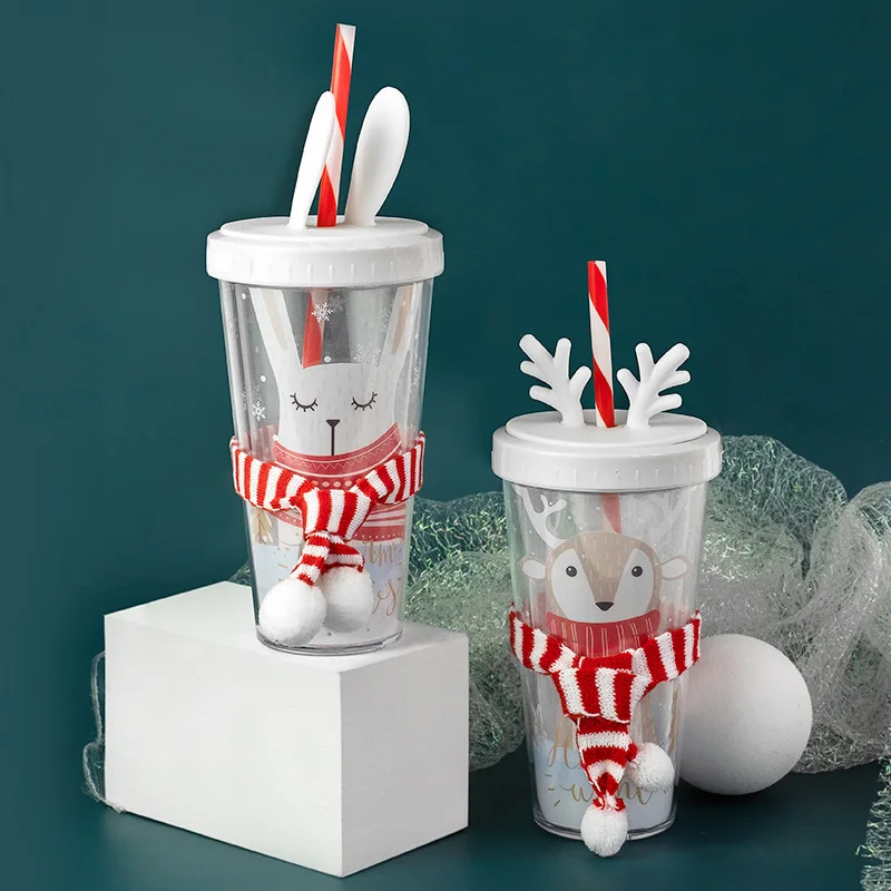 

Plastic Straw Cup with Cover Double-Layer Bubble Tea Water Bottle Reusable Home Office Elk Rabbit Drinkware Cute Christmas Gifts