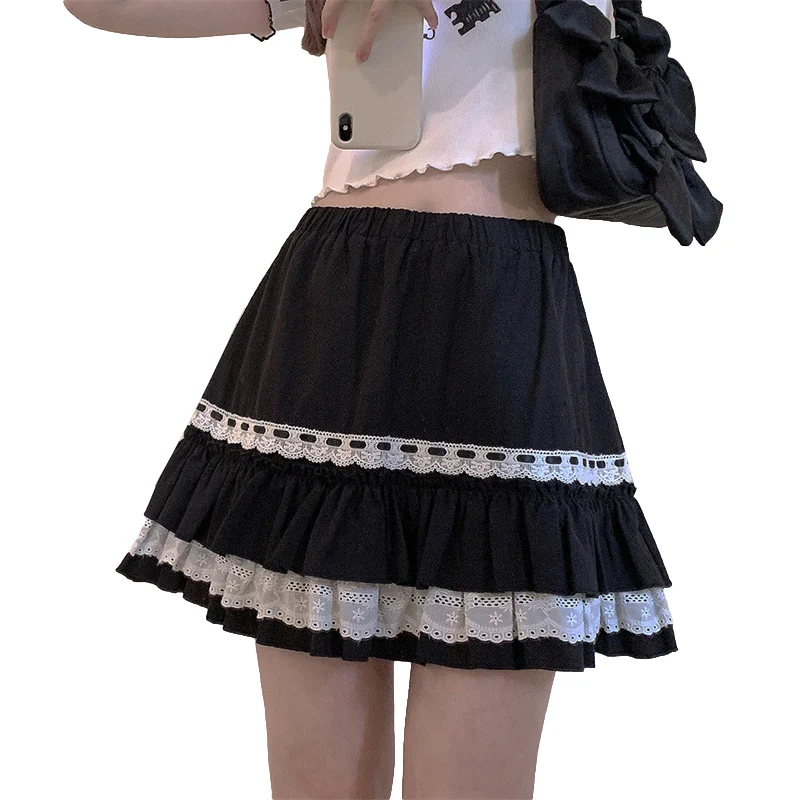 

Harajuku Kawaii Lace Black Mini Skirts Girls Lolita Casual Gothic Cute Women Korean Fashion Aesthetic Short Pleated Pink Skirt