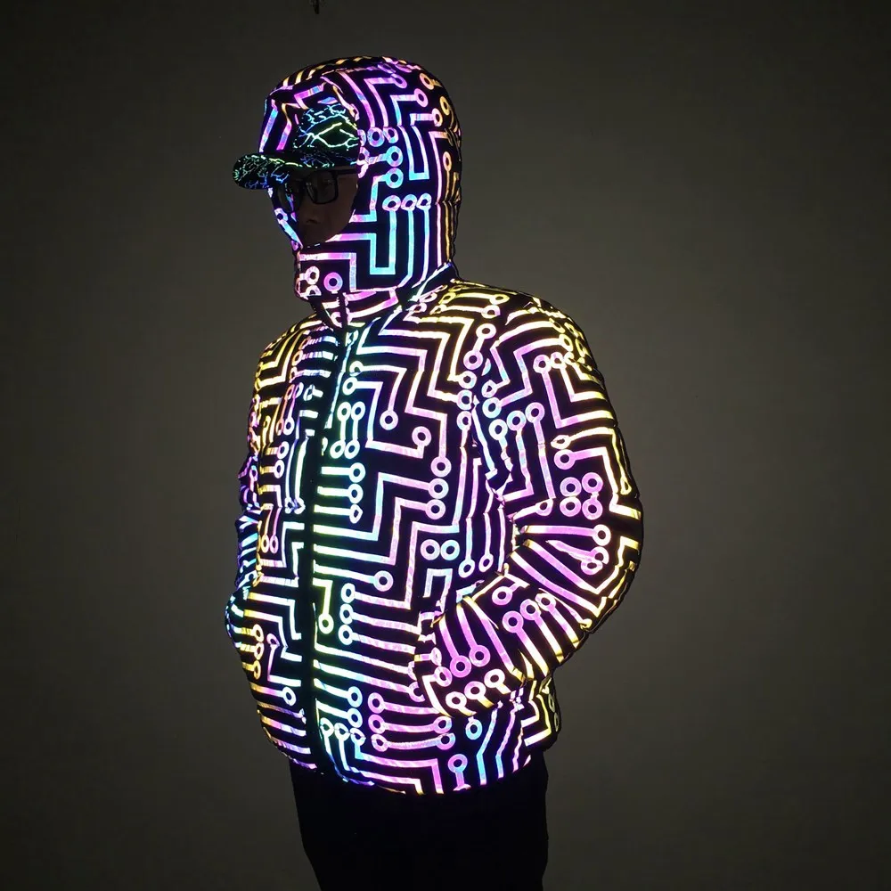 

2024 Men's colorful reflective cotton clothing Teen removable hat circuit print reflective warm cotton clothing