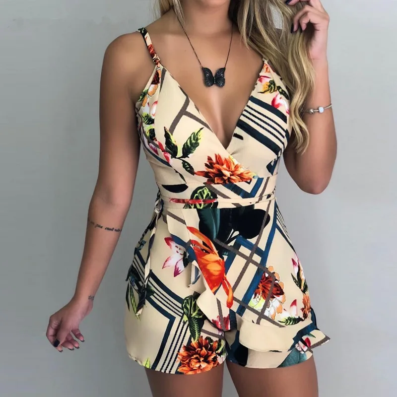 Seksowny dekolt w szpic Spaghetti pasek kwiatowy Print kobiety krótkie śpiochy Playsuit kobieta plaża wzburzyć bez rękawów 2023 moda kombinezon w stylu Casual