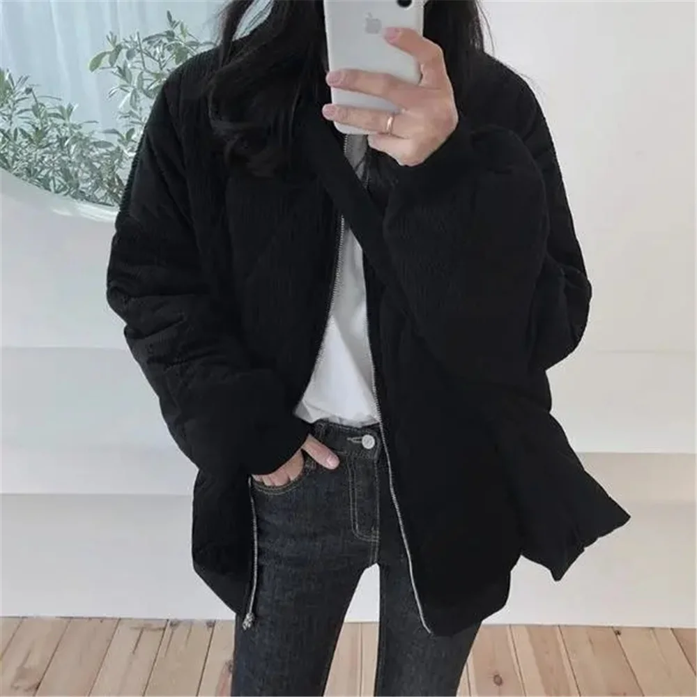 Diamond Pattern Corduroy Quilted Coat Simple Office Lady Cotton Padded Jacket Women Streetwear Clean Korean Fashion Y2k Clothing