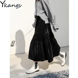 Velvet High Waist Long Skirt Women Autumn Winter Korean Black High Waist Pleated Skirt Vintage Korean Style Female Midi Saia