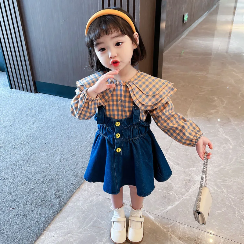 Toddler Kids Baby Girls Plaid Blouse Sling Denim Dress Spring Long Sleeve Tops Infant Girls Dress for Children Clothes Sets 2021