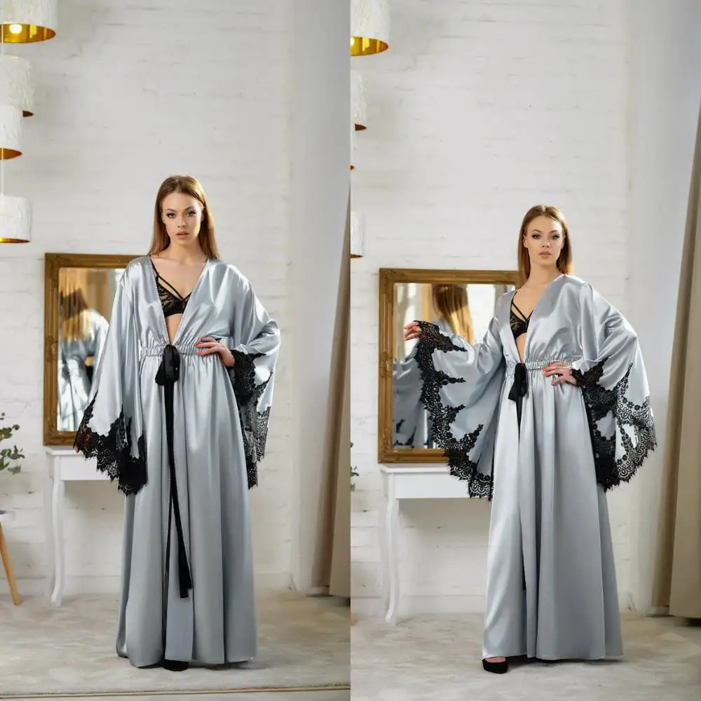 2022 Silver Bridal Bathrobe Nightgown LaceLong Sleeve Bathrobe Pajamas Sleepwear Train Long