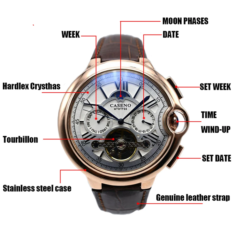 Tourbillon Mens Watch Top Brand Luxury Belt Watch Men Automatic Mechanical Wristwatch Skeleton Sport Male Clocks relogio CASENO