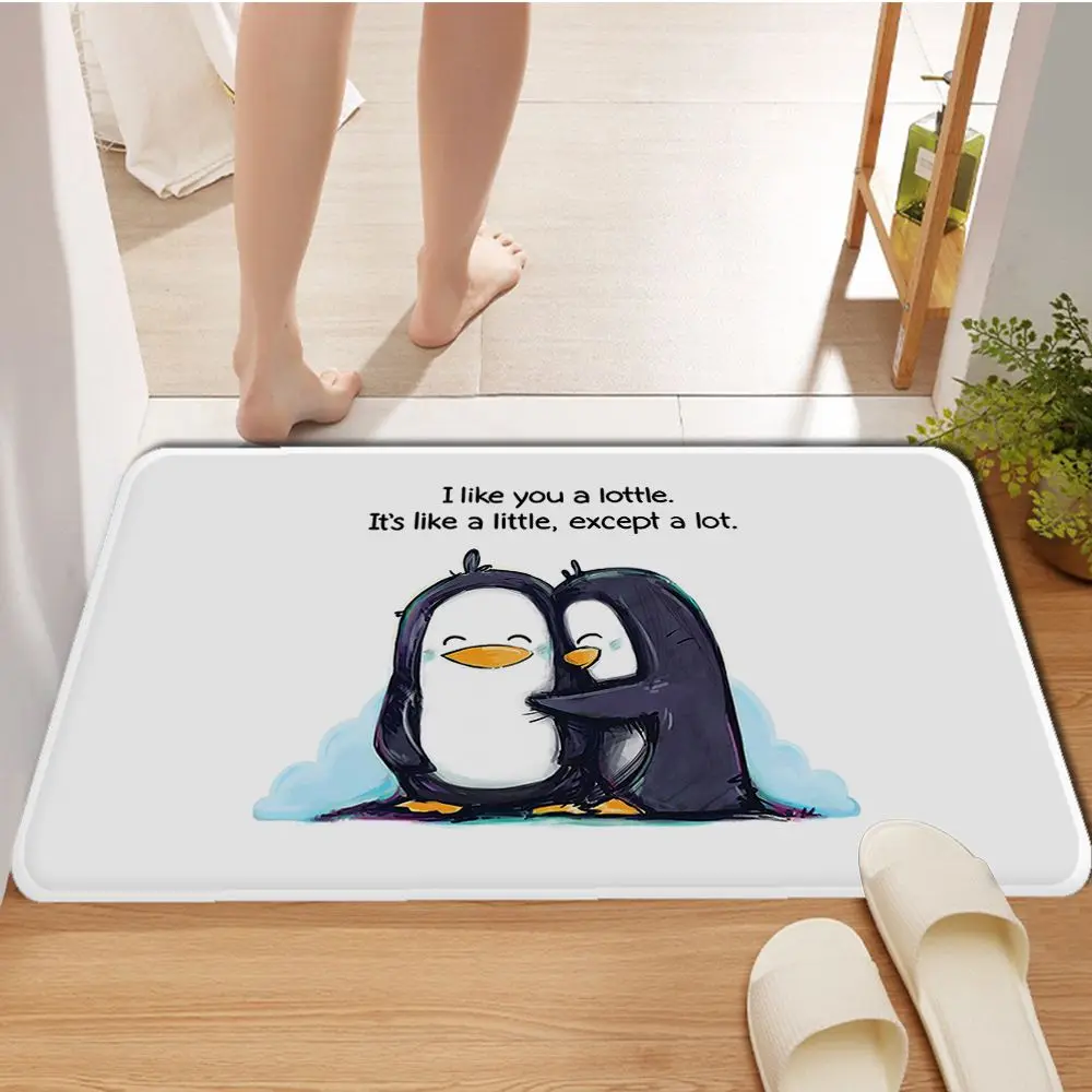 Cartoon Penguin Printed Flannel Floor Mat Bathroom Decor Carpet Non-Slip For Living Room Kitchen Welcome Doormat