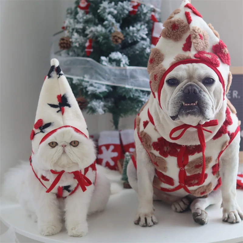 Wool Warmth Thicken Dog Vest Winter Soft Comfortable Pet Clothes with Floral Red Christmas Costume for French Bulldog Set Cute