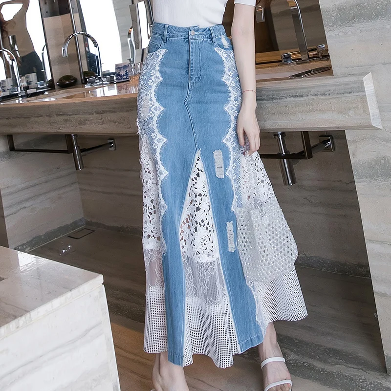 TIYIHAILEY Long Maxi Denim And Lace Fish Tail Skirt Women S-XL Mermaid Style High Waist Summer 2024 Fashion New Ladies Skirts