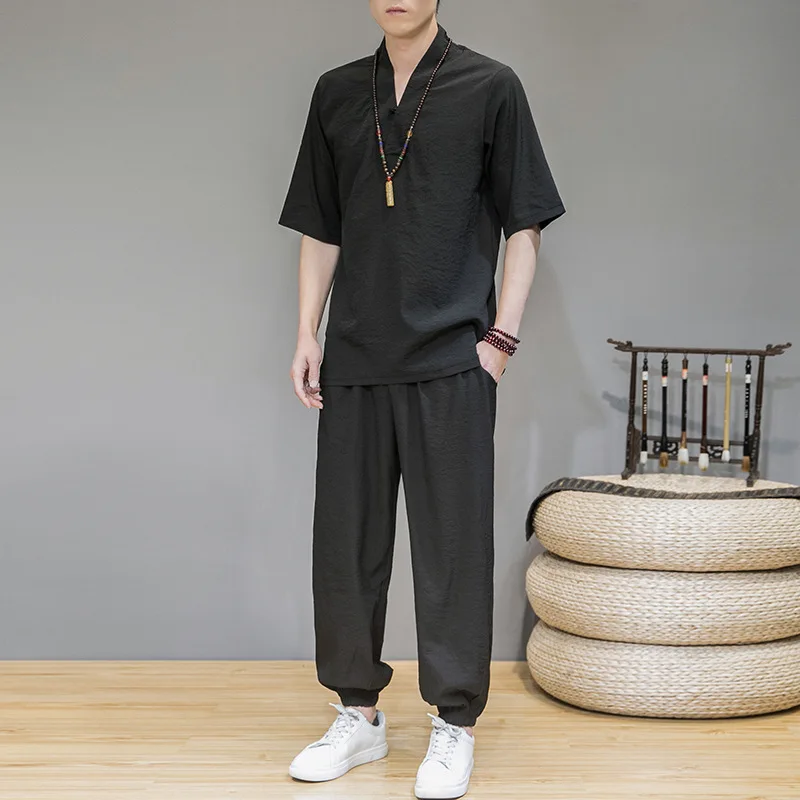 

Tracksuits Men Summer New Men's Ice Silk Cool Tracksuit Thin Nine Pants Casual Suit Large Size Casual 2 Pieces Mens Suits 2022