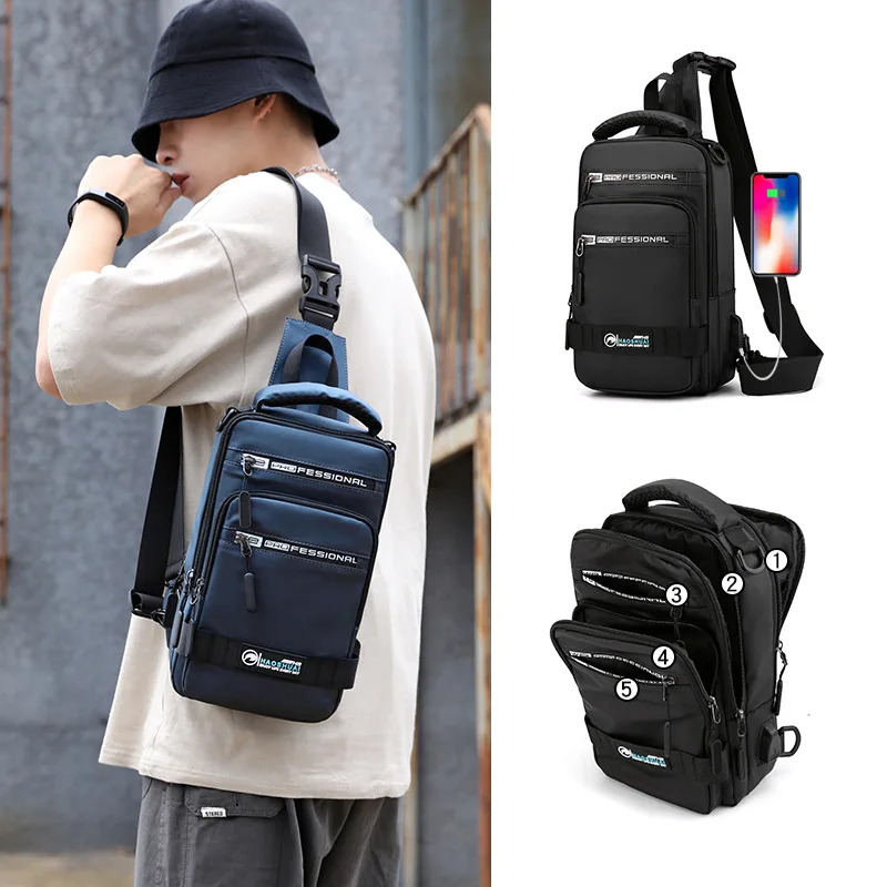 Waterproof Nylon Crossbody Bags For Men Multifunction Men Chest Bag Daypack Knapsack Male 2024 New Chest Pack With USB Charging