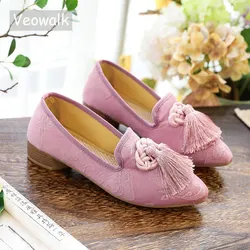 Veowalk Chinese Knot Tassel Women Cotton Fabric Loafers Fashion Ladies Casual Comfort Pointed Toe Flats Embroidered Shoes