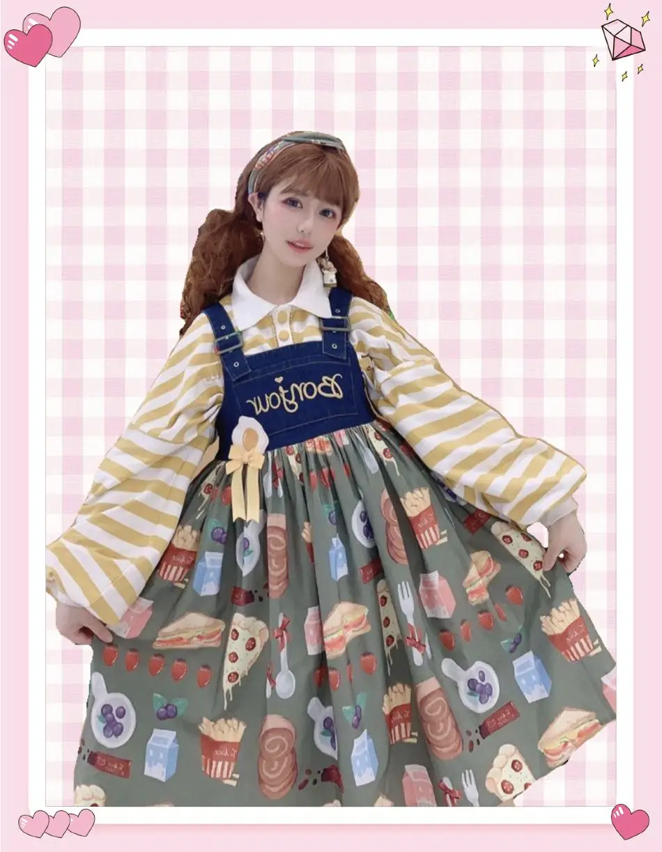 Vestido de lolita japonês fofo cós alto, vestido vintage costurado estilo vitoriano para meninas e adolescentes