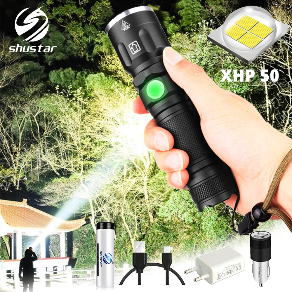 Lanterna led xhp50 super clara, à prova d\'água, 5 modos de iluminação, com zoom, bateria 18650 ou 26650, para aventuras ao ar livre