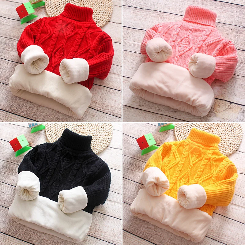 2T-12T Winter Thick Sweaters Boys Girl Knitted Bottoming Turtleneck Shirts Kids Solid High Collar Pullover Sweater Warm Knitwear