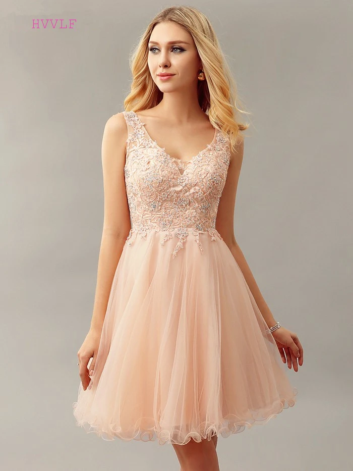 

Blush Homecoming Dresses A-line V-neck Knee Length Organza Appliques Lace Beaded Cocktail Dresses