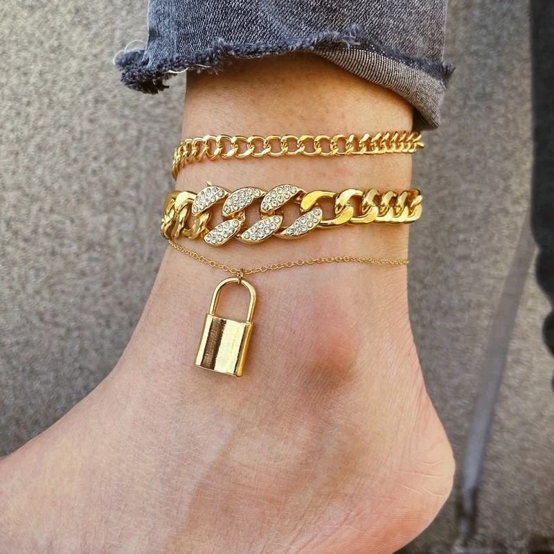 2024 Cute Thick Chain Lock Pendant Three-Layer Anklet Punk Woman Anklets Gold Jewelry Joyero Korean Fashion Gothic Accessories