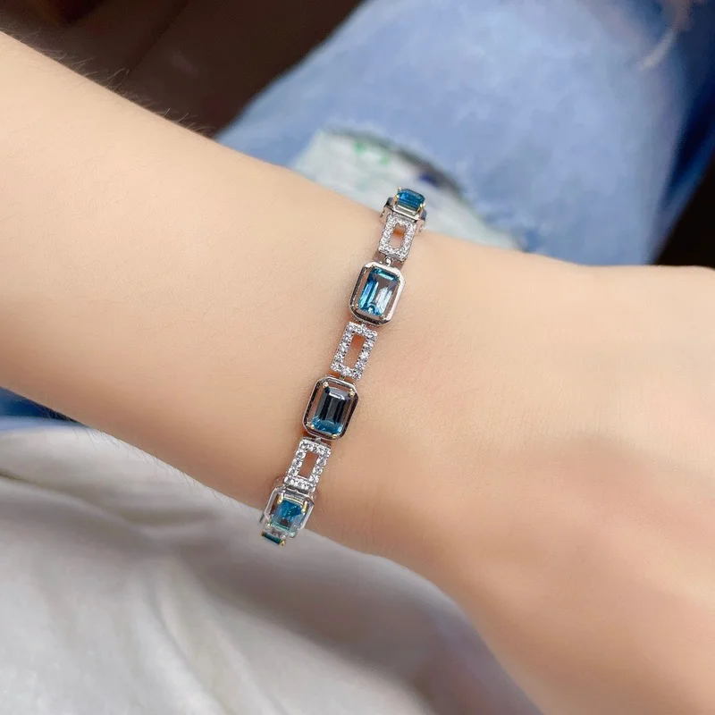 

Luxurious Silver Gemstone Bracelet for Woman 4*6mm Top Quality Natural Topaz Gemstone Solid Silver Bracelet