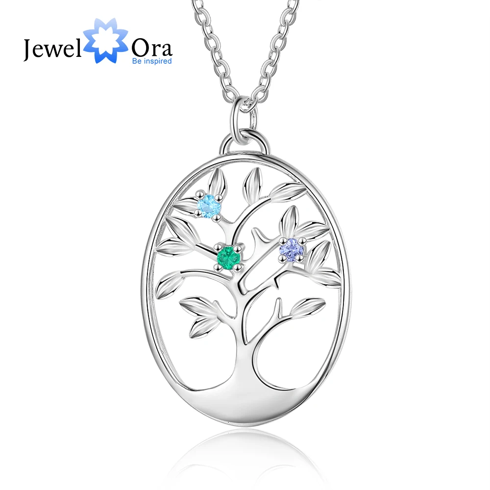 JewelOra Personalized Tree of Life Pendant Necklace for Women Customized 2-5 Birthstones Inlaid Jewelry Gifts for Mothers Girls