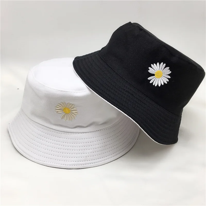 Summer Women Bucket Fishing Hats Sunscreen Sun Cap Little Daisies Embroidery Double-sided Wear Spring Lady Student Fisherman Hat