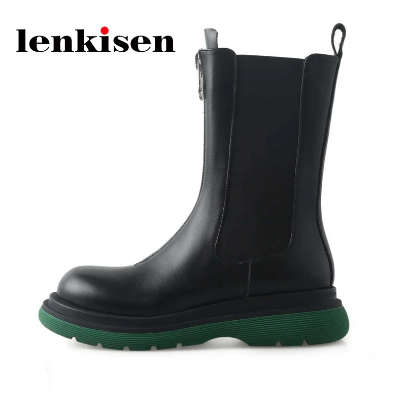 

Lenkisen cow split leather Chelsea boots original design round toe med heel zipper handsome lady leisure zipper ankle boots L75