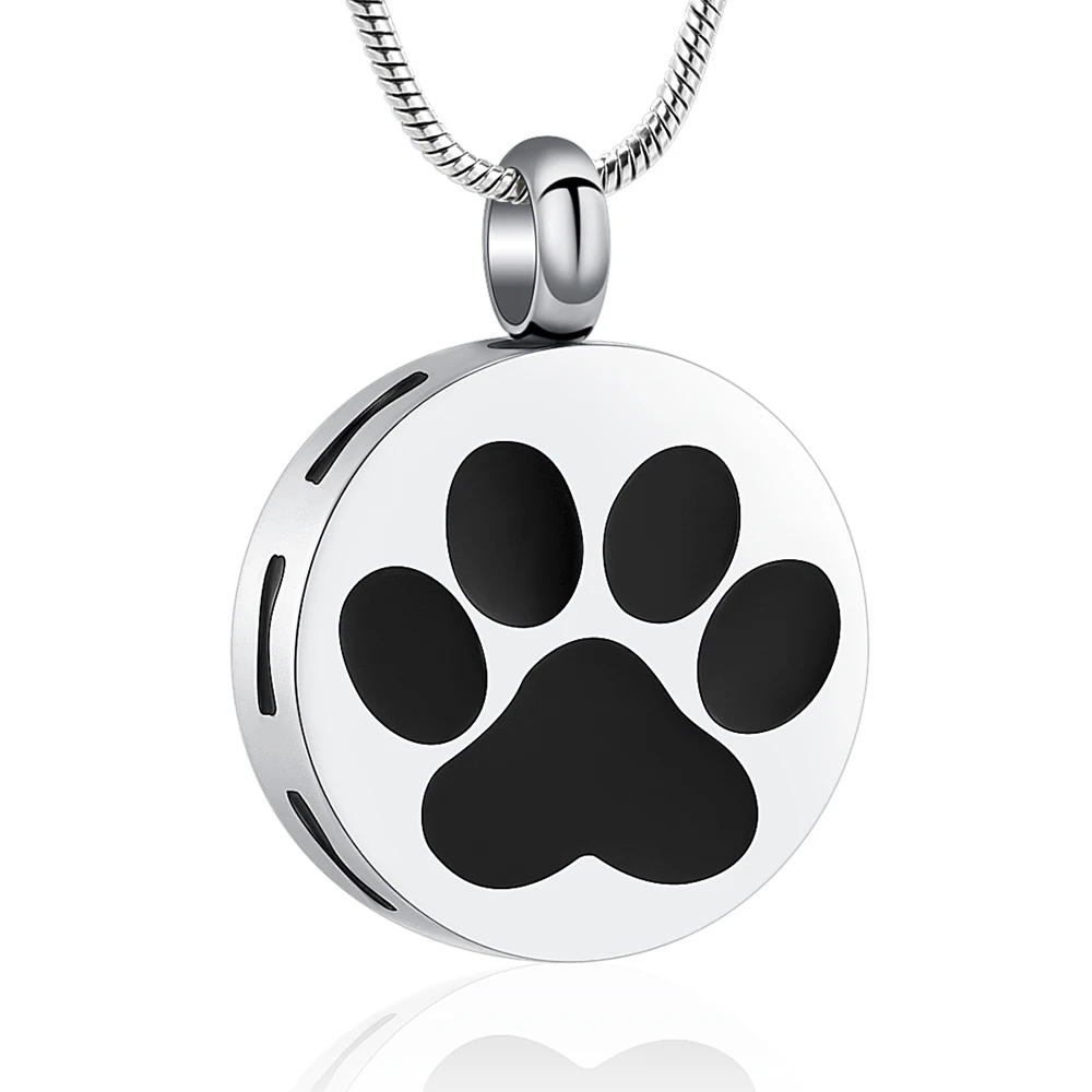 Cremation Urn Necklace For Ashes Black Paw/White Paw/Blank Stainless Steel Round Memorial Pendant Jewelry secret  stash