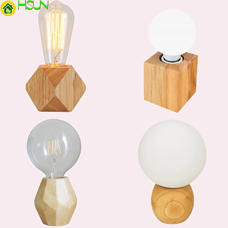 wood Modern Table retro polyhedron mini solid Lamps living room bedroom desk bedside EU plug switch line E27 Wooden tafel lamp